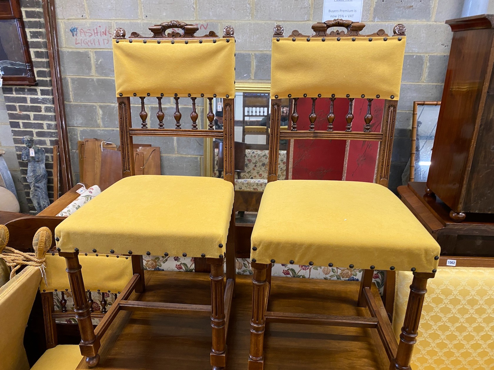 A late 19th century French rectangular walnut folding dining table, length 96cm, width 63cm, height 79cm and four 19th century French dining chairs